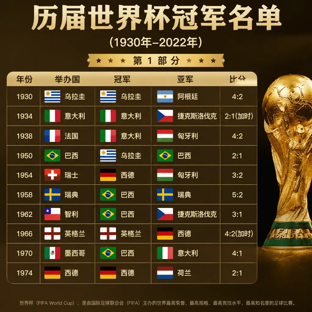 历届世界杯冠军名单完整版
